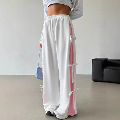 Pantaloni Streetwear Donna Wide Leg | Pantaloni Vita Elastica Bianco & Rosa a Contrasto TIAMUSE Pants
