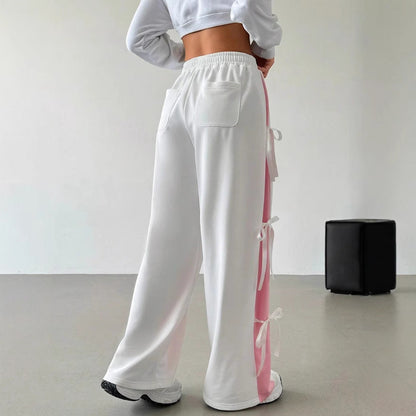 Pantaloni Streetwear Donna Wide Leg | Pantaloni Vita Elastica Bianco & Rosa a Contrasto TIAMUSE Pants