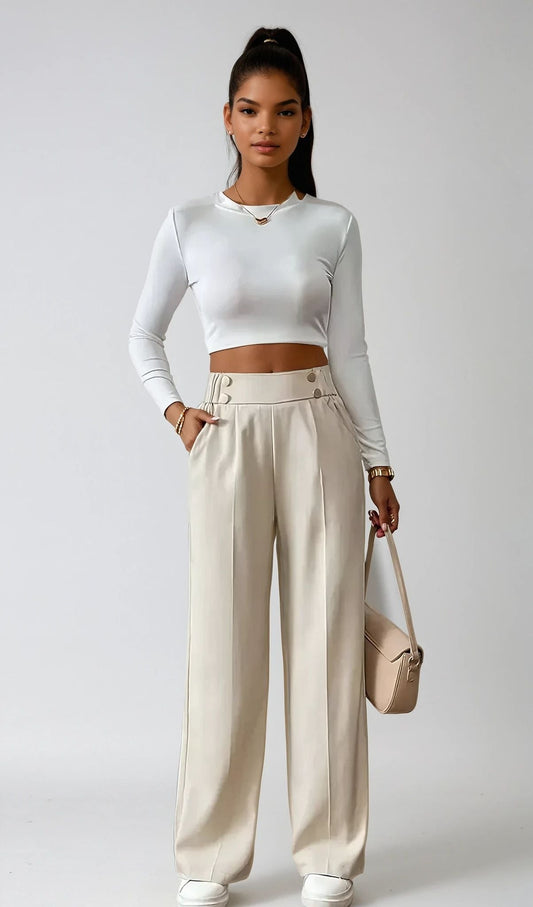 Pantaloni a Vita Alta e Gamba Larga Maya in Beige e Nero | Eleganza e Comfort TIAMUSE