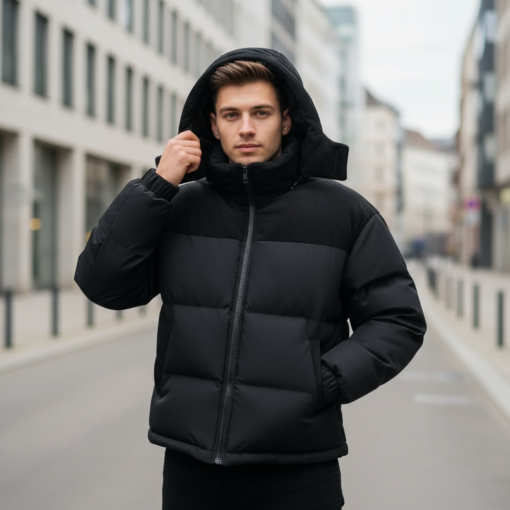 Giacca imbottita da uomo | Isolata, cappuccio in velluto a coste, design moderno