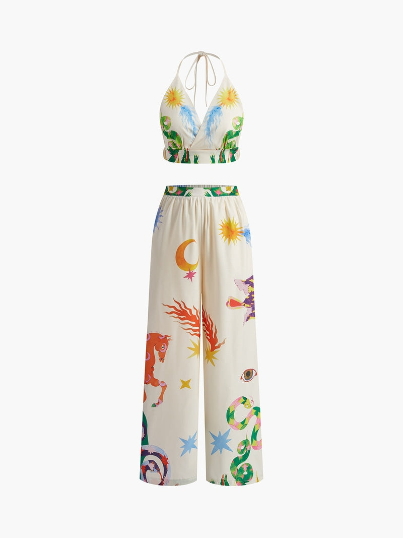 Set Top Halter Senza Schiena e Pantaloni a Gamba Larga con Stampa Colorata | Giulia TIAMUSE Pant Sets