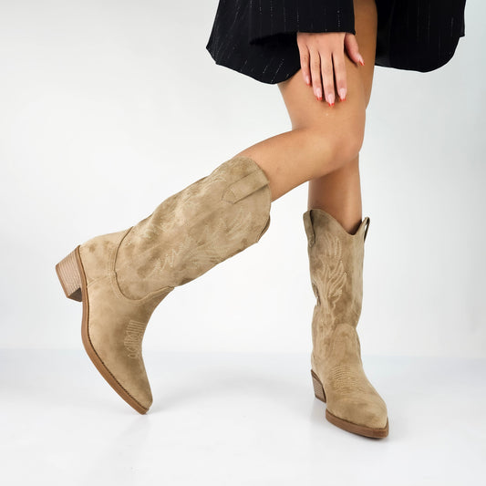 Stivaletti Cowboy Beige da Donna | Tacco a Blocco Comodo e Dettagli Ricamati TIAMUSE Boots