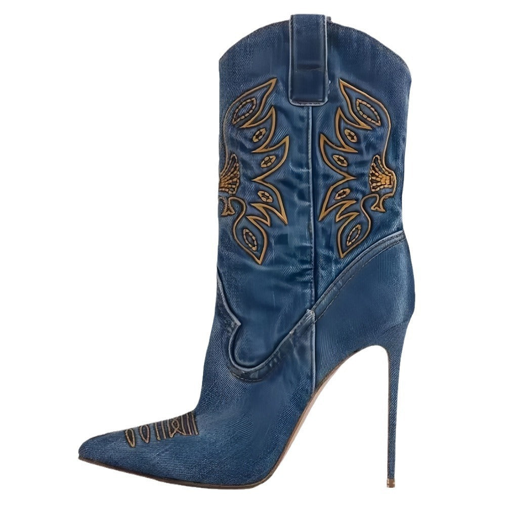 Stivali Donna Neri, Bianchi e Denim | Stile Western con Tacco Alto Moda 2025 TIAMUSE Boots