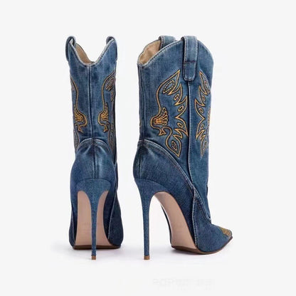 Stivali Donna Neri, Bianchi e Denim | Stile Western con Tacco Alto Moda 2025 TIAMUSE Boots