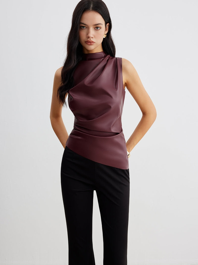 Top senza maniche in finta pelle alla moda con collo alto | Eva TIAMUSE Tank Tops
