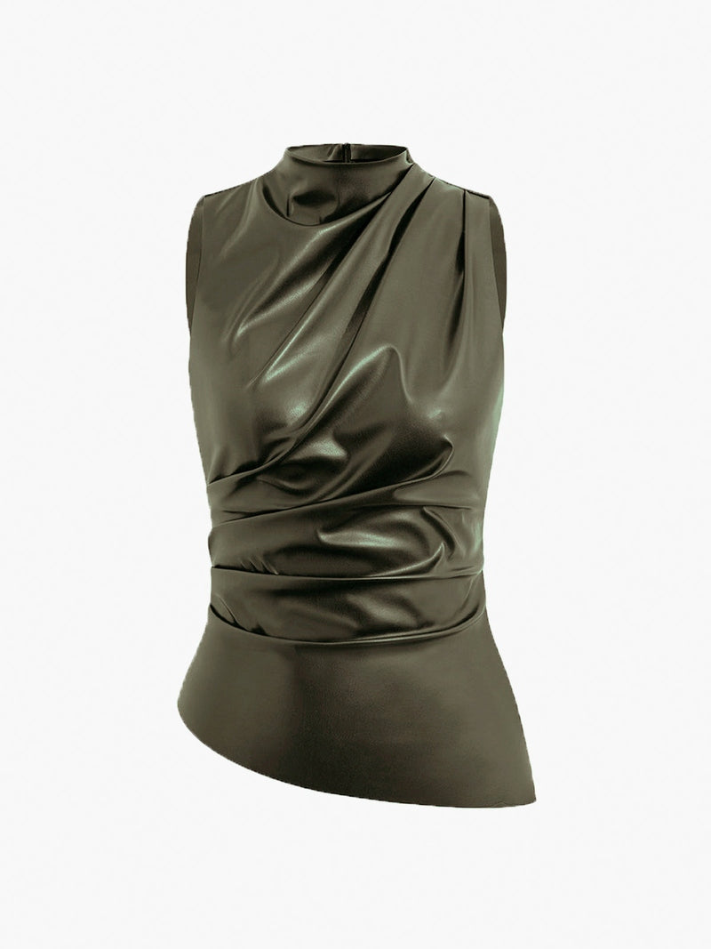 Top senza maniche in finta pelle alla moda con collo alto | Eva TIAMUSE Tank Tops