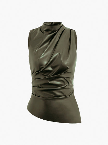 Top senza maniche in finta pelle alla moda con collo alto | Eva TIAMUSE Tank Tops