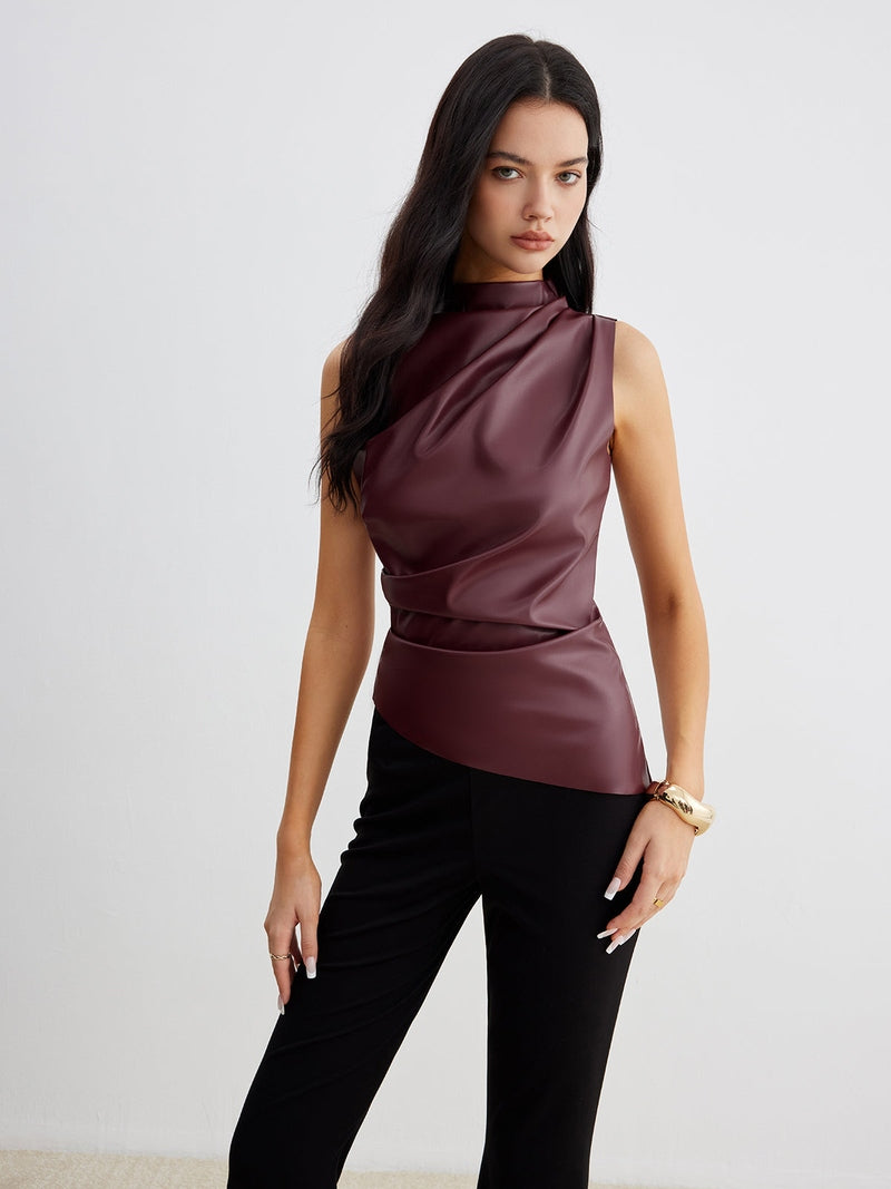 Top senza maniche in finta pelle alla moda con collo alto | Eva TIAMUSE Tank Tops