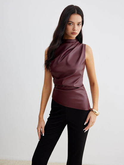 Top senza maniche in finta pelle alla moda con collo alto | Eva TIAMUSE Tank Tops