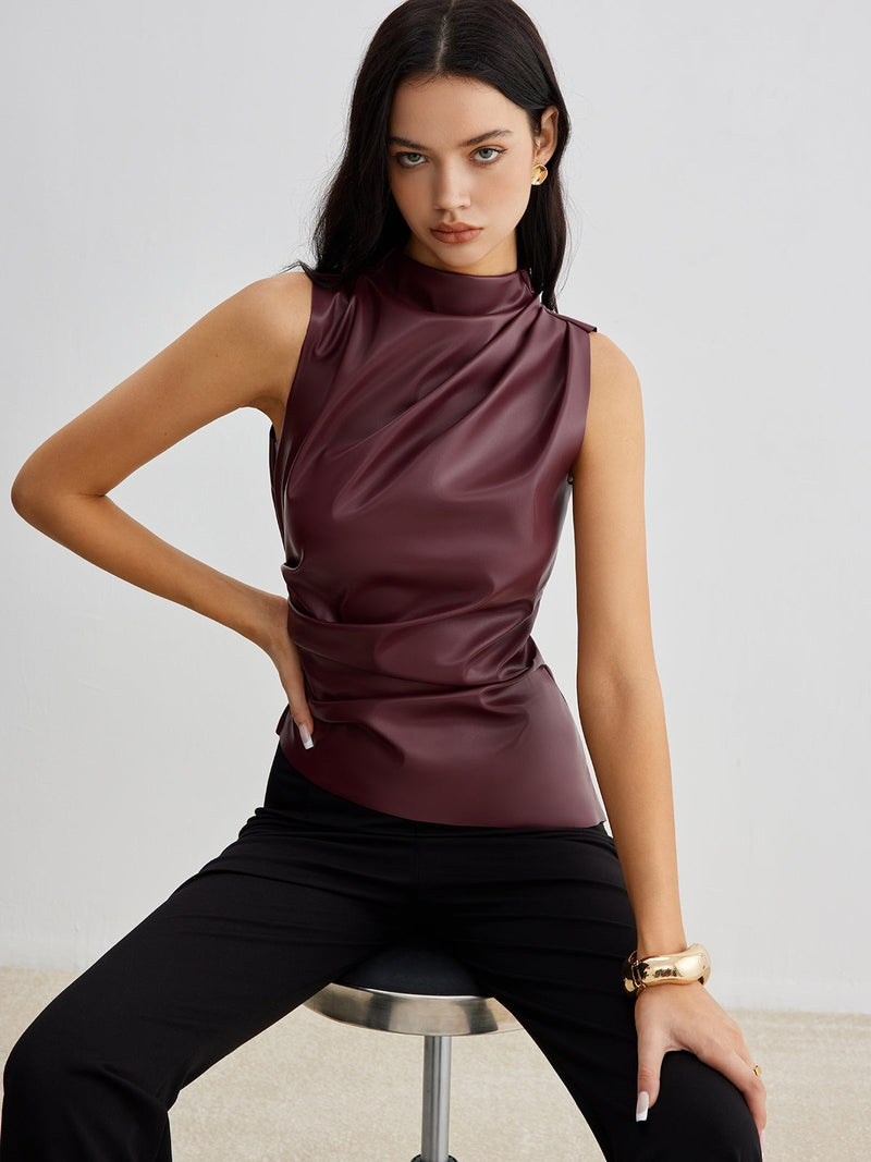 Top senza maniche in finta pelle alla moda con collo alto | Eva TIAMUSE Tank Tops
