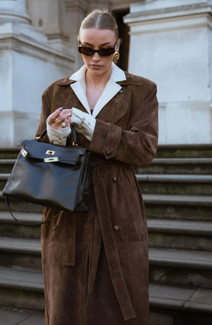Trench in Camoscio da Donna | Marrone, con Cintura, Stile Classico Sartoriale TIAMUSE Outwear
