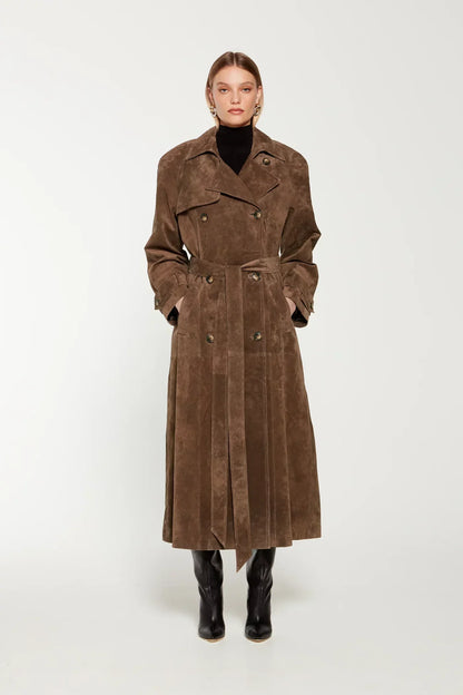 Trench in Camoscio da Donna | Marrone, con Cintura, Stile Classico Sartoriale TIAMUSE Outwear