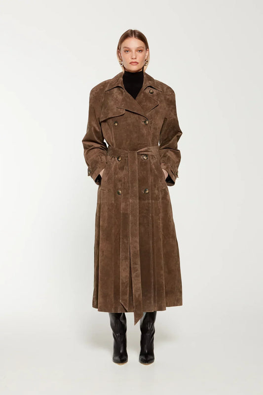 Trench in Camoscio da Donna | Marrone, con Cintura, Stile Classico Sartoriale TIAMUSE Outwear