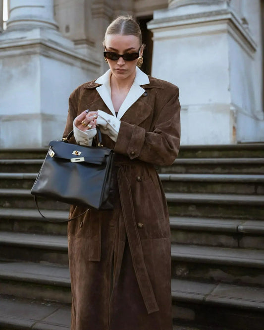 Trench in Camoscio da Donna di Tendenza | Marrone, Vestibilità Sartoriale, Autunno/Inverno TIAMUSE Outwear