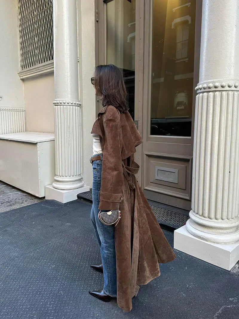 Trench in Camoscio da Donna di Tendenza | Marrone, Vestibilità Sartoriale, Autunno/Inverno TIAMUSE Outwear
