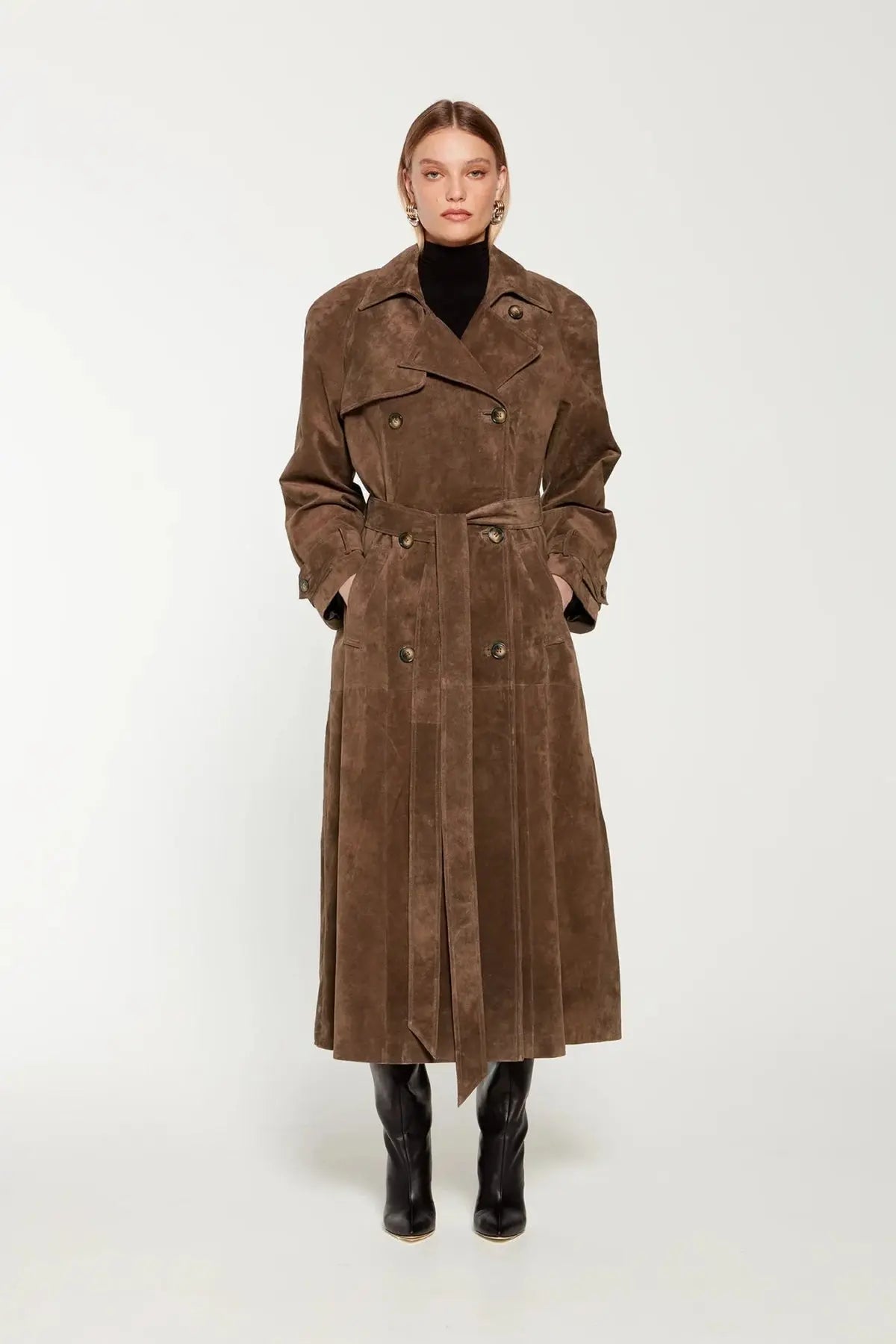 Trench in Camoscio da Donna di Tendenza | Marrone, Vestibilità Sartoriale, Autunno/Inverno TIAMUSE Outwear