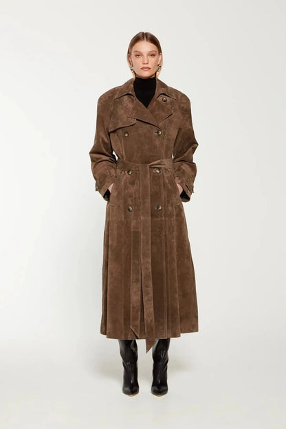 Trench in Camoscio da Donna di Tendenza | Marrone, Vestibilità Sartoriale, Autunno/Inverno TIAMUSE Outwear