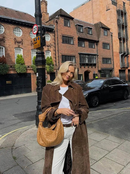 Trench in Camoscio da Donna di Tendenza | Marrone, Vestibilità Sartoriale, Autunno/Inverno TIAMUSE Outwear