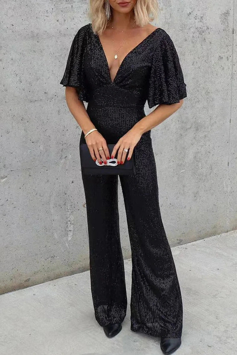 Tuta Lunga Casual Chic da Donna con Paillettes e Scollo Profondo a V in Colore Nero e Bianco TIAMUSE Tuta Lunga