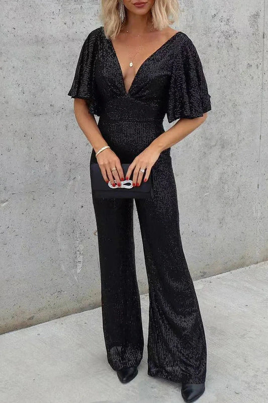 Tuta Lunga Casual Chic da Donna con Paillettes e Scollo Profondo a V in Colore Nero e Bianco TIAMUSE Tuta Lunga