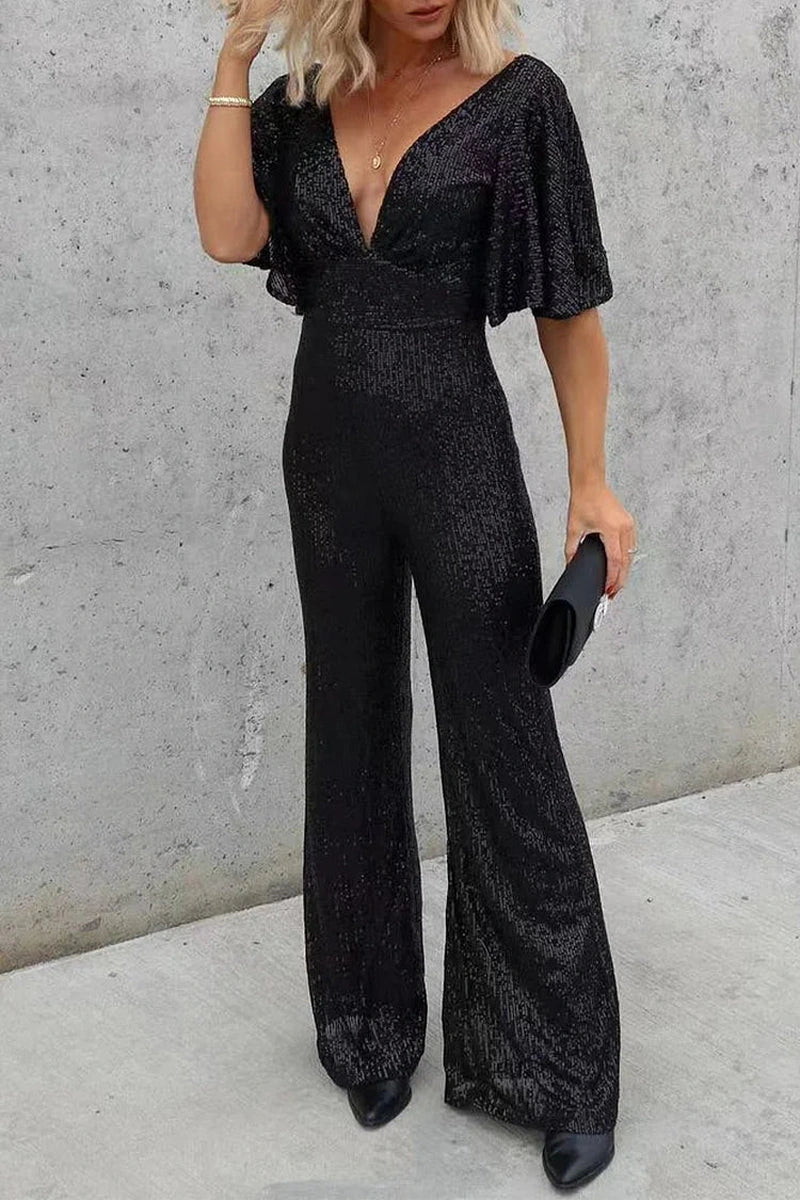 Tuta Lunga Casual Chic da Donna con Paillettes e Scollo Profondo a V in Colore Nero e Bianco TIAMUSE Tuta Lunga