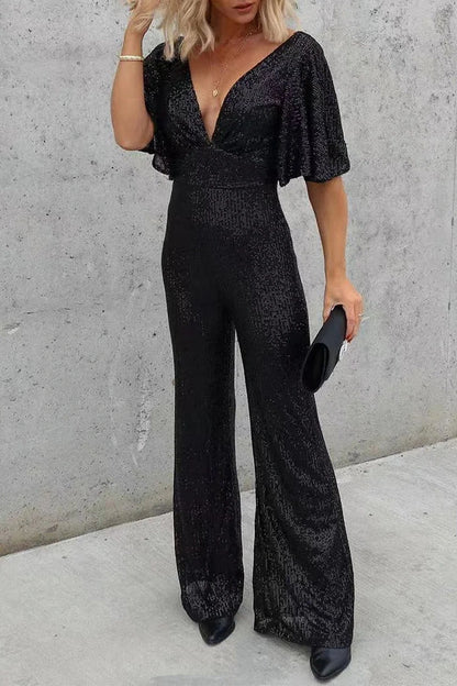 Tuta Lunga Casual Chic da Donna con Paillettes e Scollo Profondo a V in Colore Nero e Bianco TIAMUSE Tuta Lunga