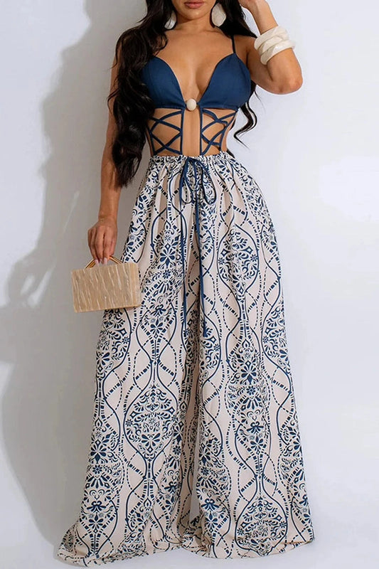 Tuta Lunga da Donna con Stampa Patchwork, Design Schiena Scoperta e Spalline Sottili | Tanita TIAMUSE Tuta
