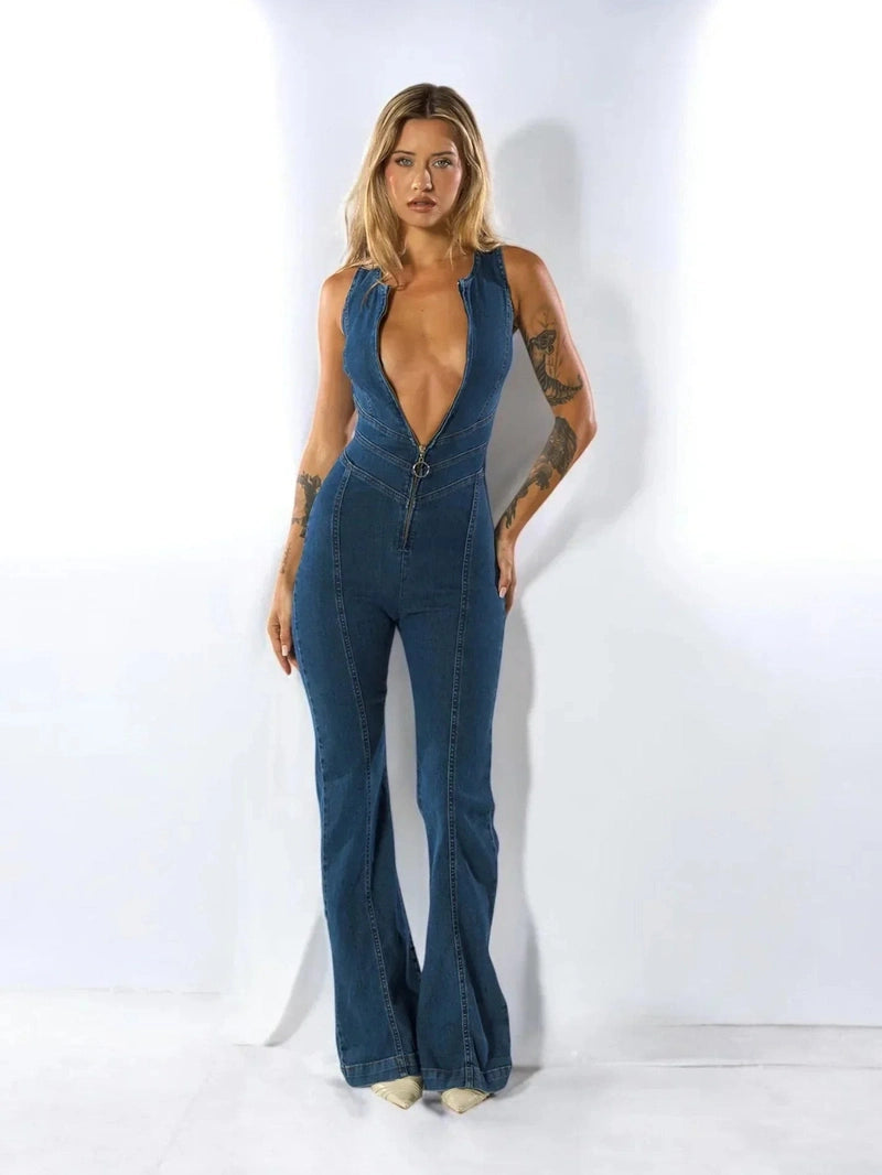 Tuta in Denim da Donna – Gamba Svasata & Fit Che Valorizza le Curve | Jumpsuit Marcelli TIAMUSE Tuta