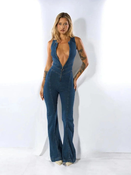 Tuta in Denim da Donna – Gamba Svasata & Fit Che Valorizza le Curve | Jumpsuit Marcelli TIAMUSE Tuta
