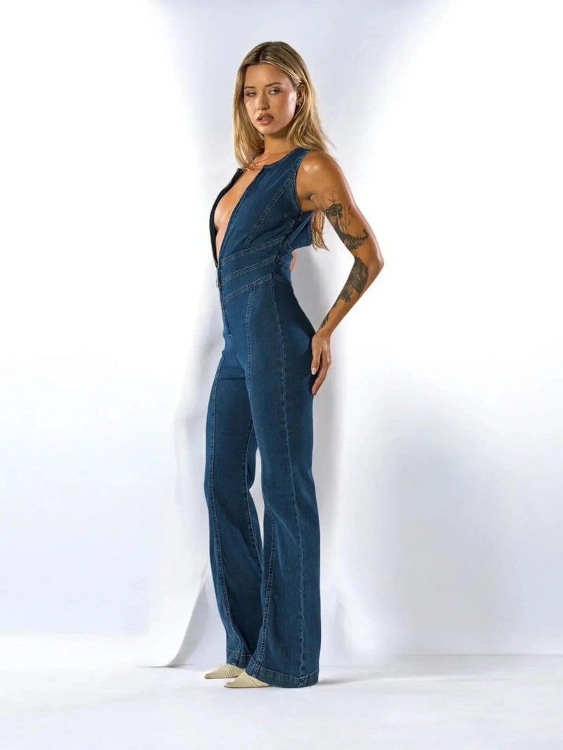 Tuta in Denim da Donna – Gamba Svasata & Fit Che Valorizza le Curve | Jumpsuit Marcelli TIAMUSE Tuta