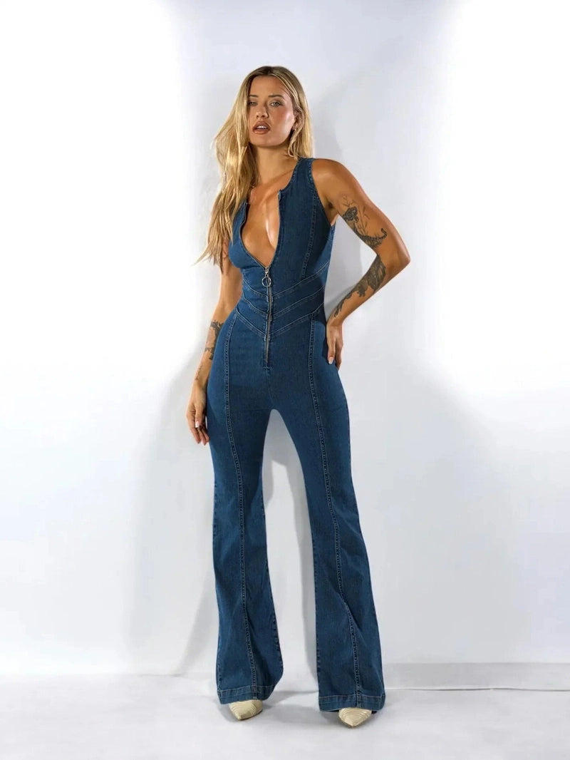 Tuta in Denim da Donna – Gamba Svasata & Fit Che Valorizza le Curve | Jumpsuit Marcelli TIAMUSE Tuta