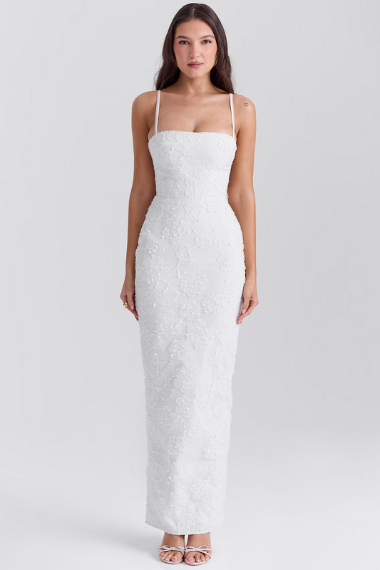 Vestito Elegante Bianco per Cerimonia o Matrimoni | Abito Pizzo Floreale Ricamato Josefin TIAMUSE Abito