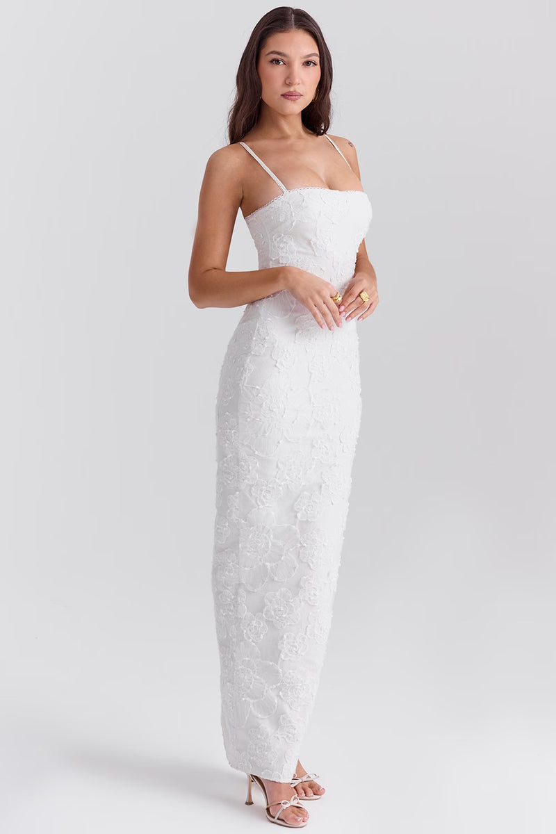 Vestito Elegante Bianco per Cerimonia o Matrimoni | Abito Pizzo Floreale Ricamato Josefin TIAMUSE Abito