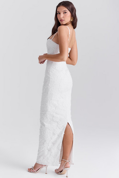 Vestito Elegante Bianco per Cerimonia o Matrimoni | Abito Pizzo Floreale Ricamato Josefin TIAMUSE Abito