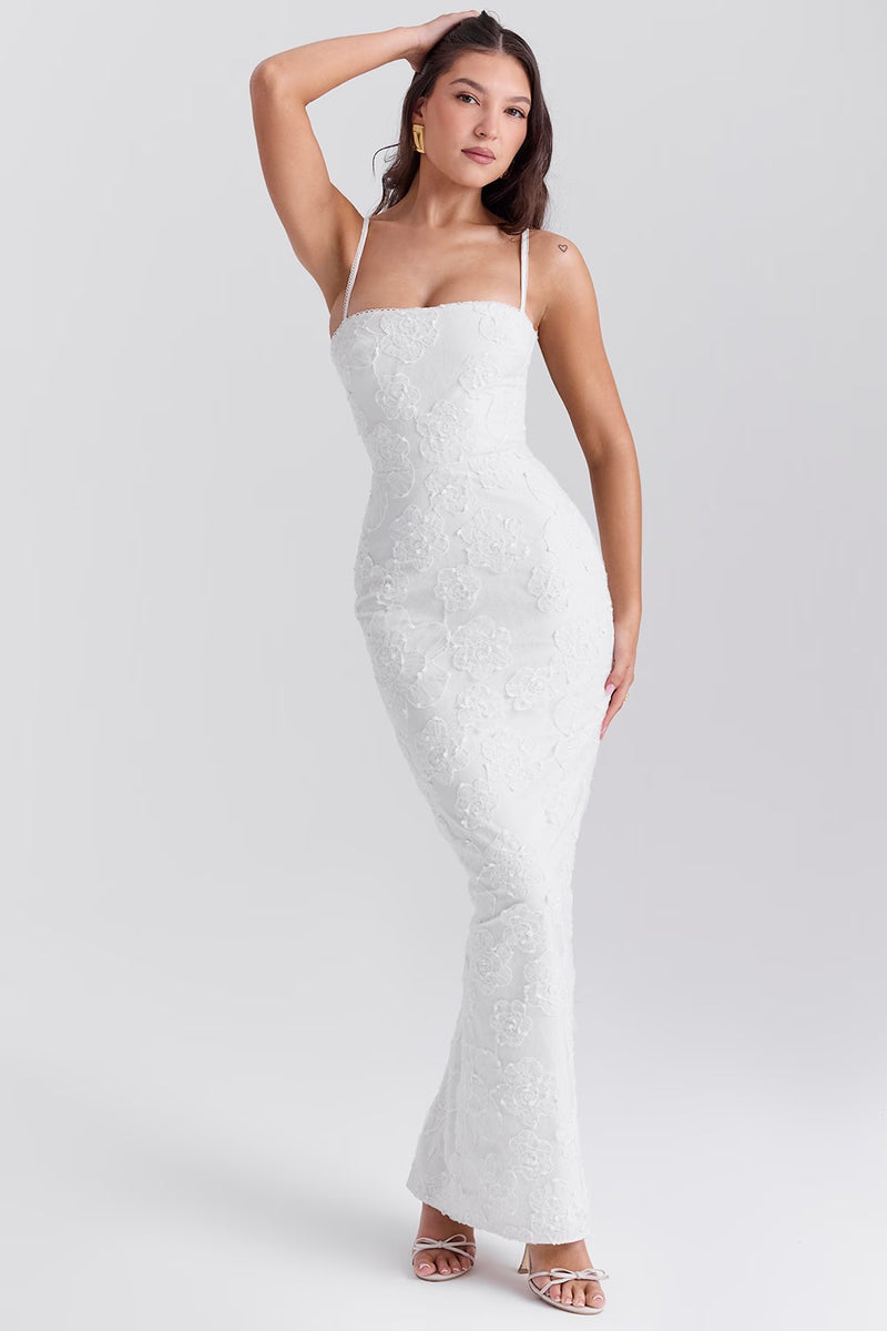 Vestito Elegante Bianco per Cerimonia o Matrimoni | Abito Pizzo Floreale Ricamato Josefin TIAMUSE Abito